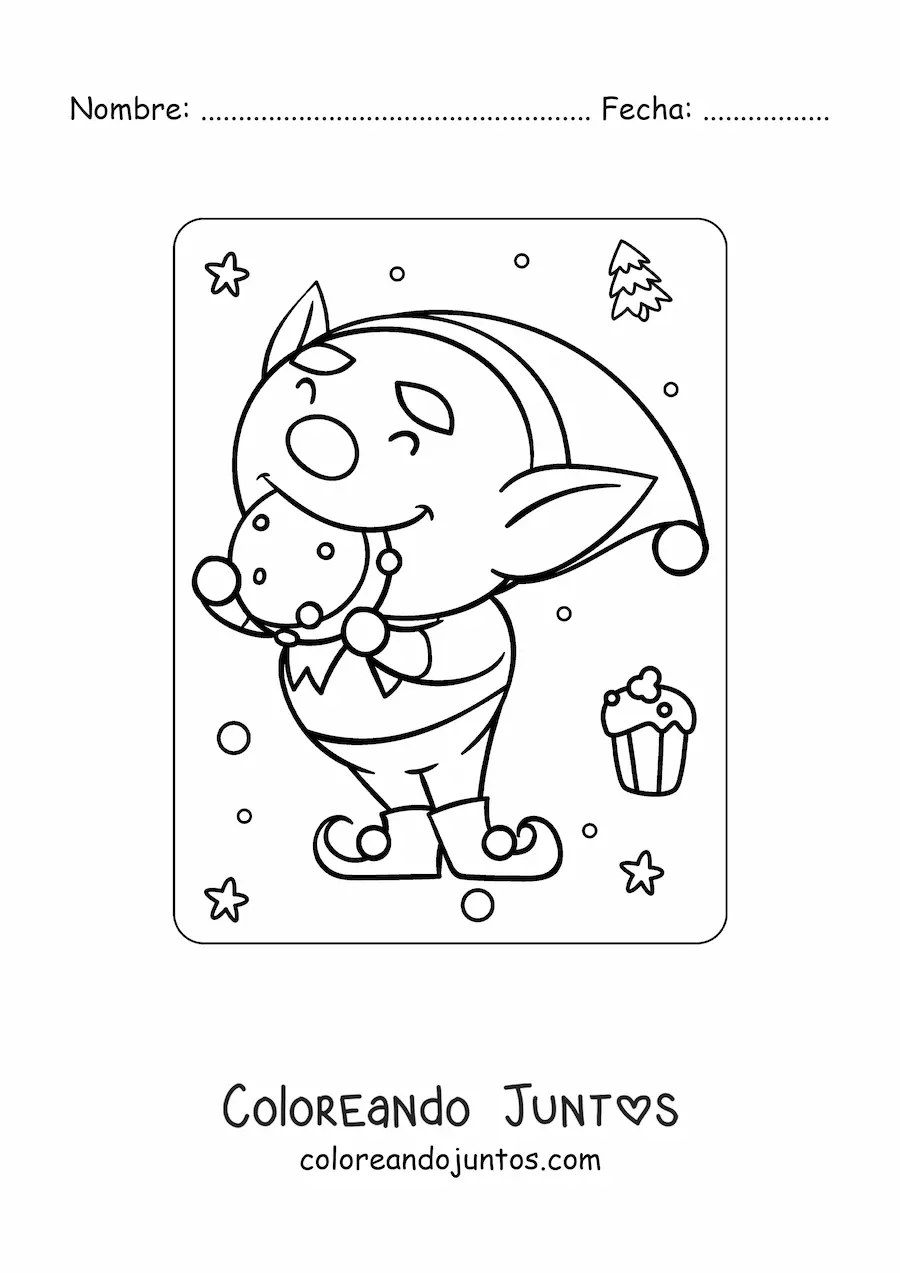 Imagen para colorear de elfo de Navidad animado comiendo una galleta