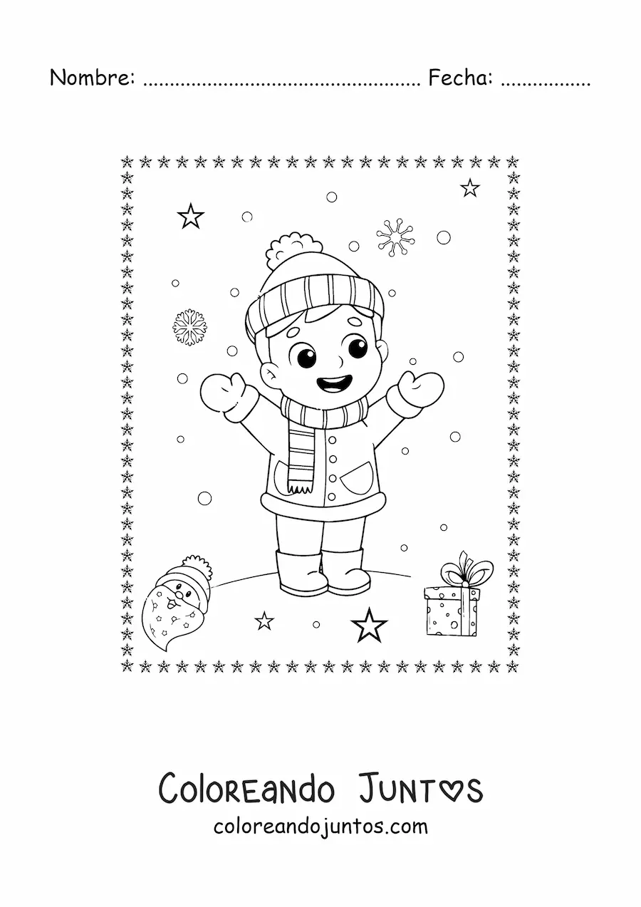 Imagen para colorear de niño jugando en la nieve en Navidad