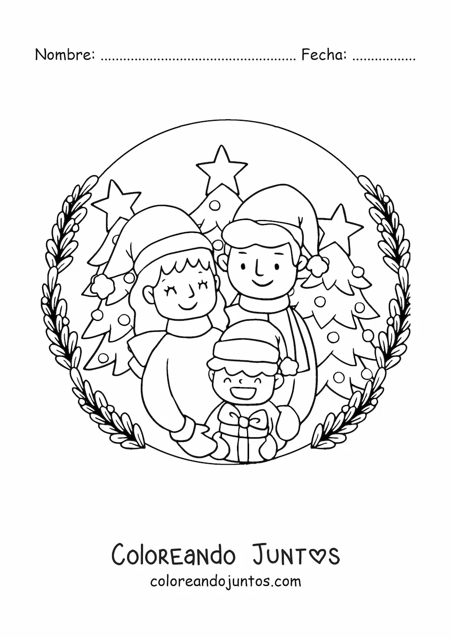 Imagen para colorear de familia de 3 personas en la nieve en Navidad