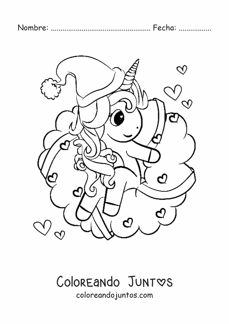 Imagen para colorear de corona de Navidad kawaii con unicornio