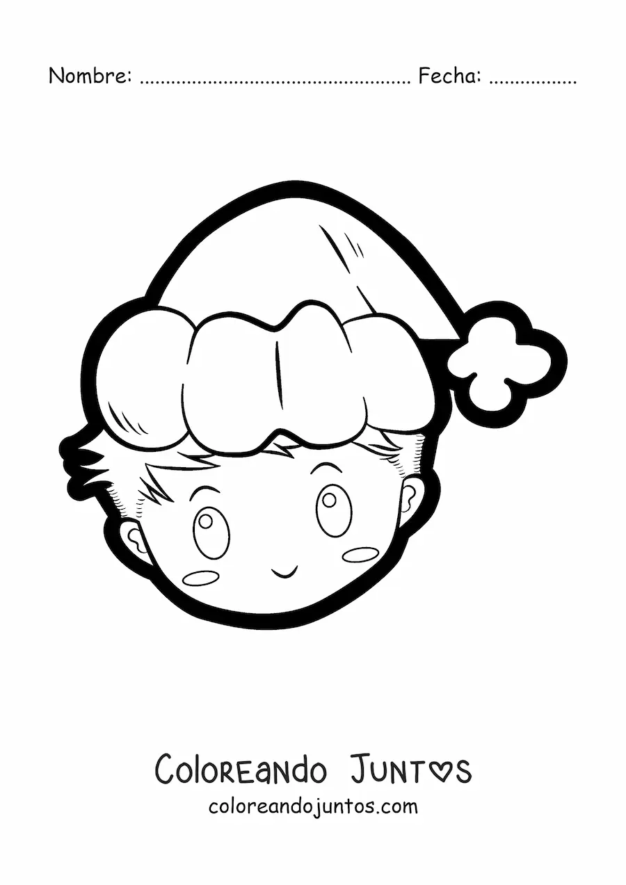 Imagen para colorear de niño kawaii con gorro de Navidad