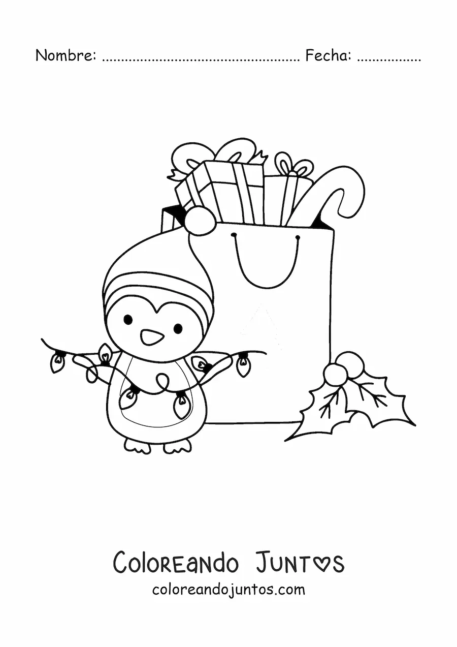 Imagen para colorear de pingüino navideño kawaii con regalos y luces