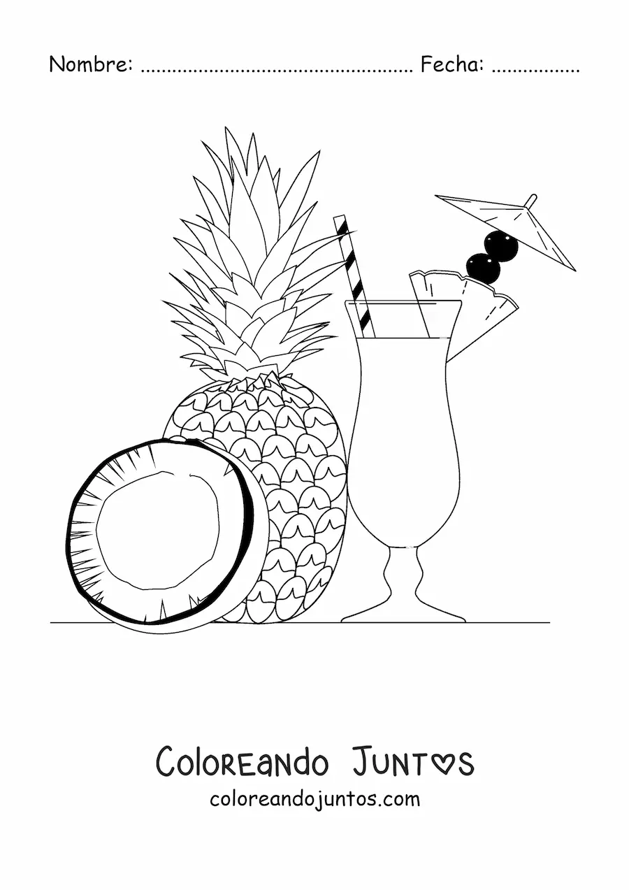 Imagen para colorear de una piña colada con una piña al lado y un trozo de coco