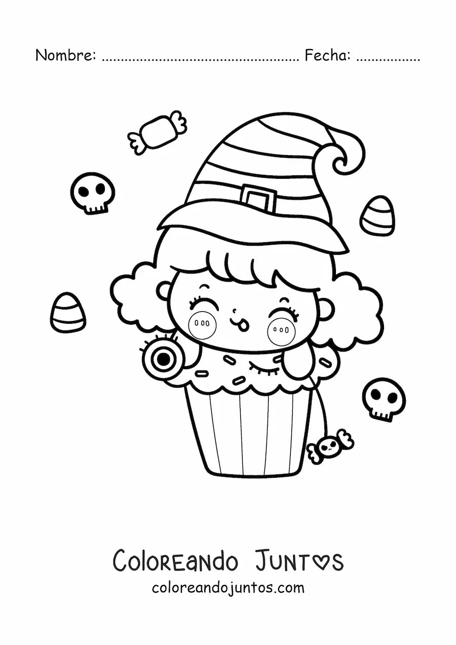 Imagen para colorear de brujita kawaii en un cupcake