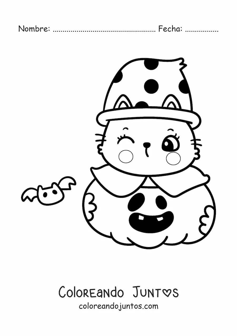 Imagen para colorear de gatito kawaii con murciélago en una calabaza de Halloween