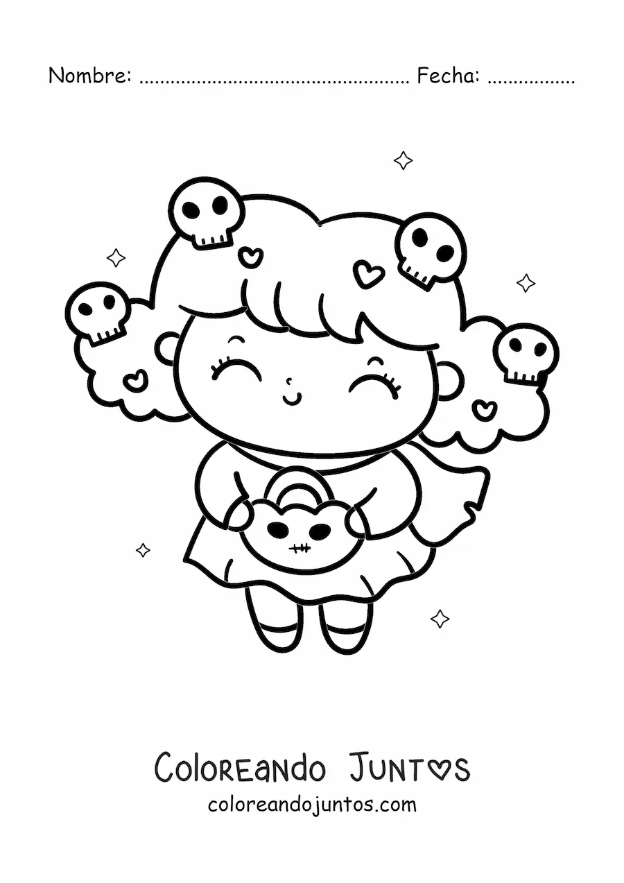 Imagen para colorear de niña kawaii disfrazada en Halloween