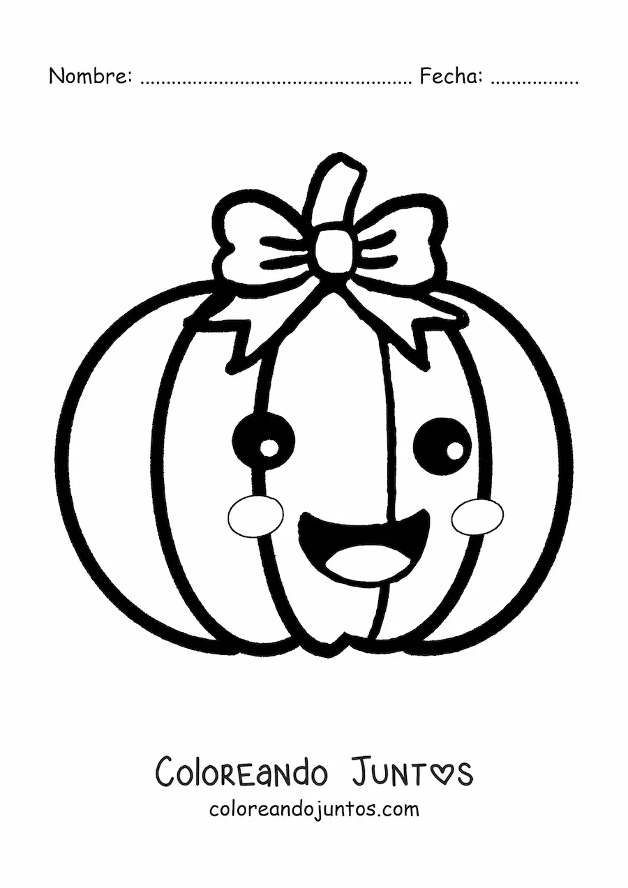 Imagen para colorear de calabaza kawaii animada con un lazo