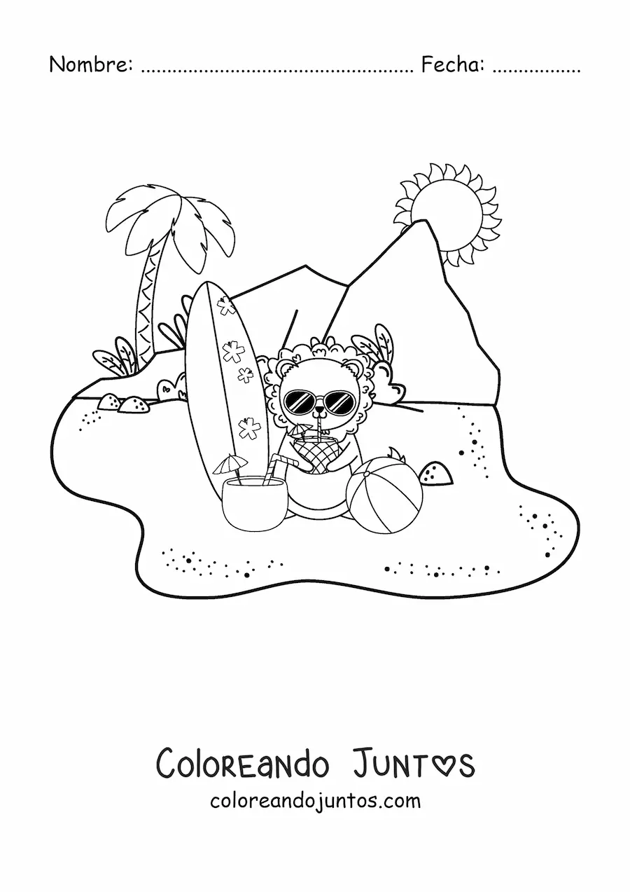 Imagen para colorear de un león animado en la playa tomando jugo de piña