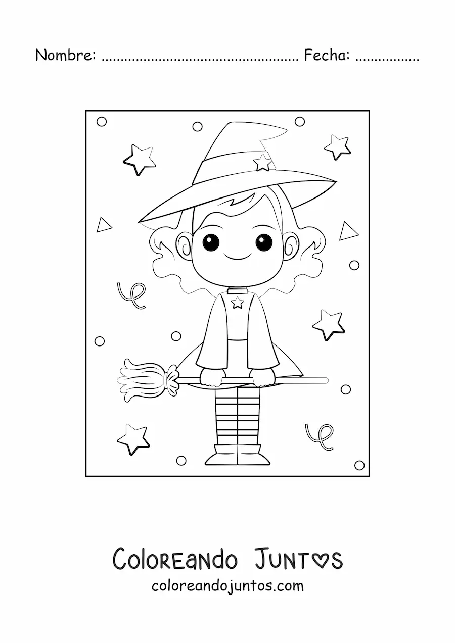Imagen para colorear de bruja kawaii con escoba