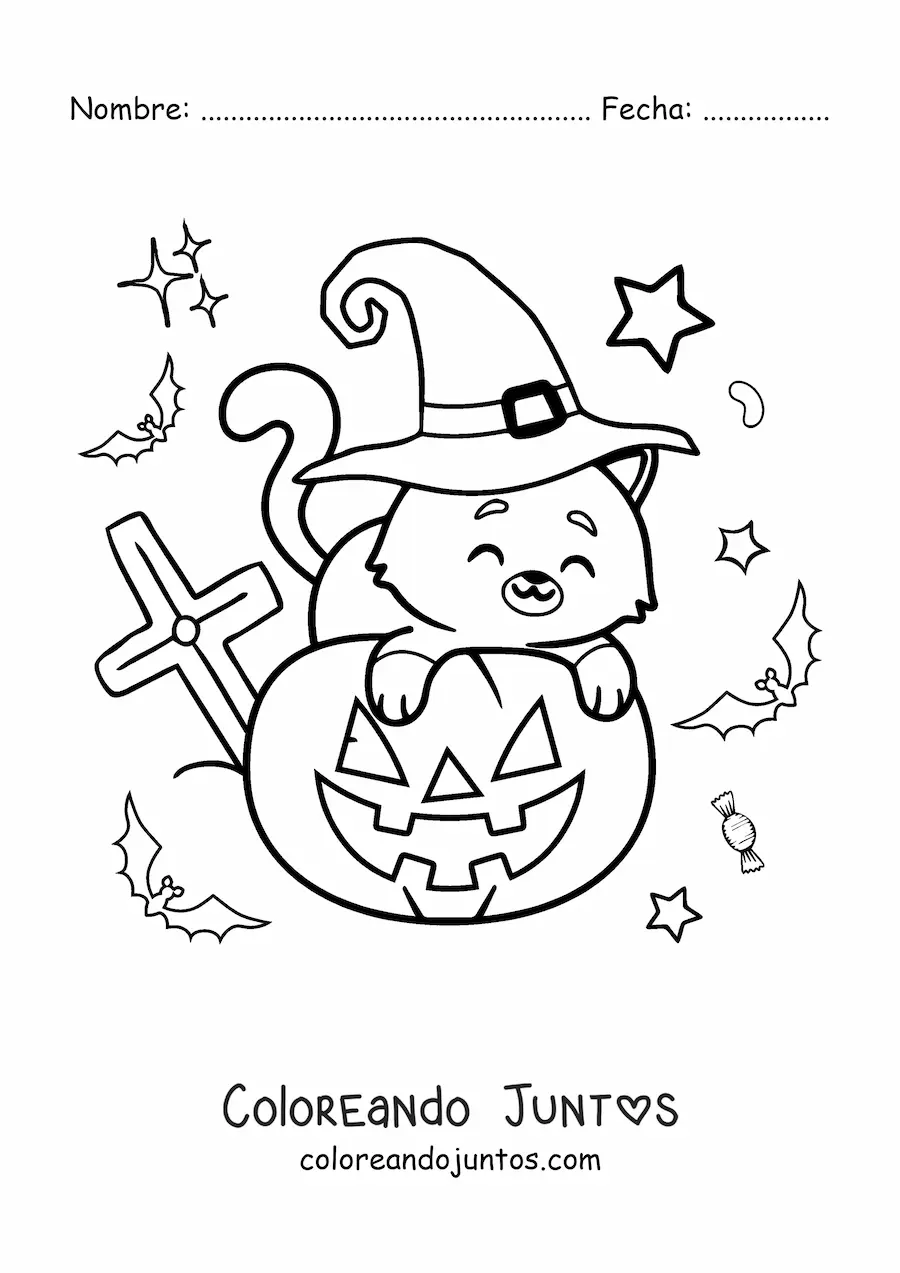 Imagen para colorear de gato kawaii con sombrero de bruja y calabaza de Halloween