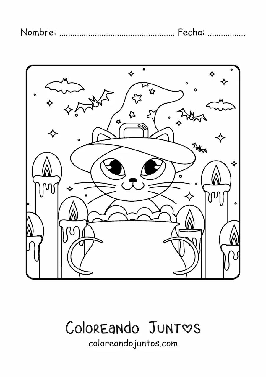 Imagen para colorear de gato kawaii con caldero de bruja con velas