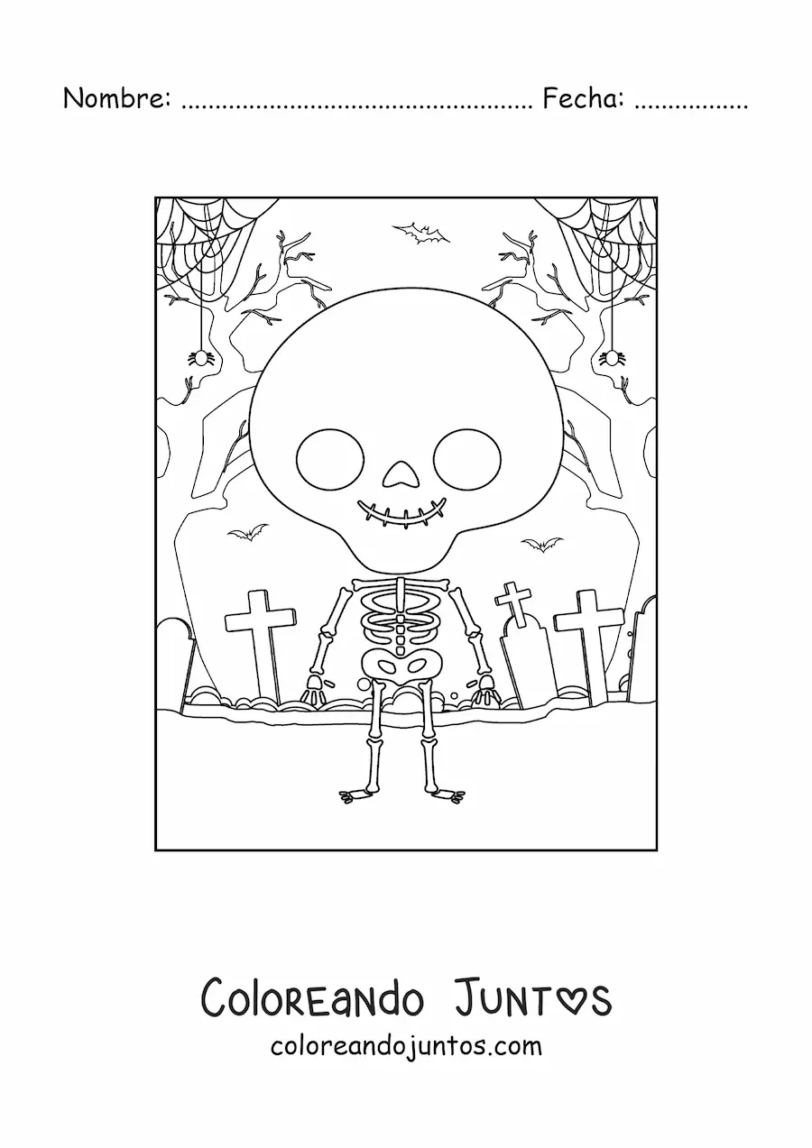 Imagen para colorear de esqueleto humano animado en la noche de Halloween