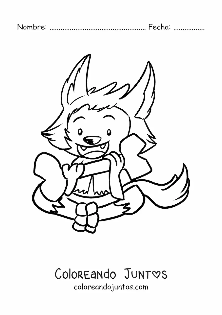 Imagen para colorear de hombre lobo kawaii con un hueso