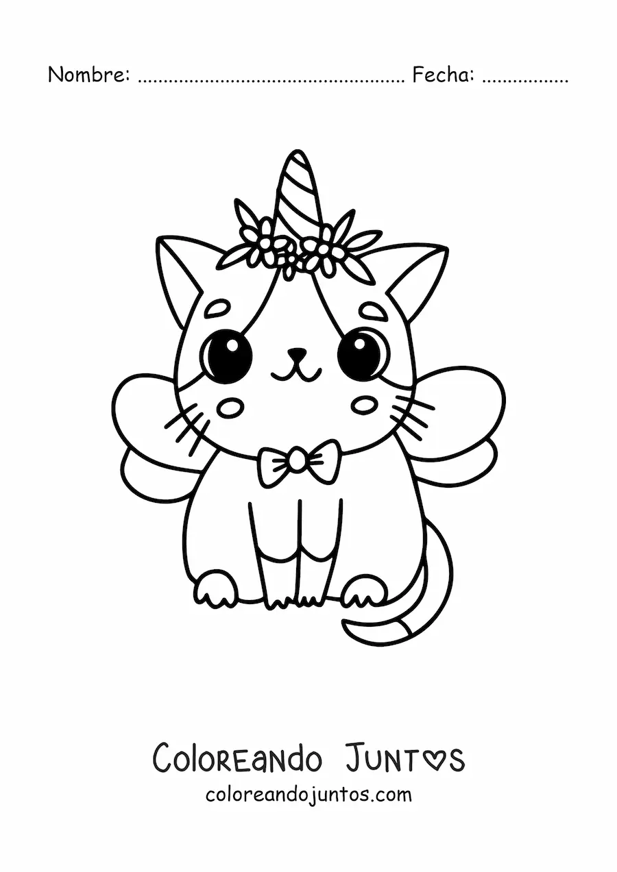 Imagen para colorear de gaticornio kawaii con alas