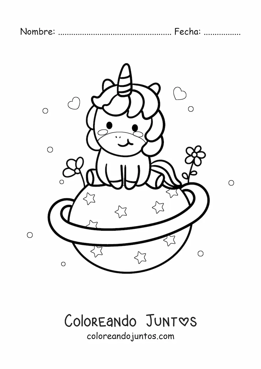 Imagen para colorear de unicornio kawaii sentado en un planeta