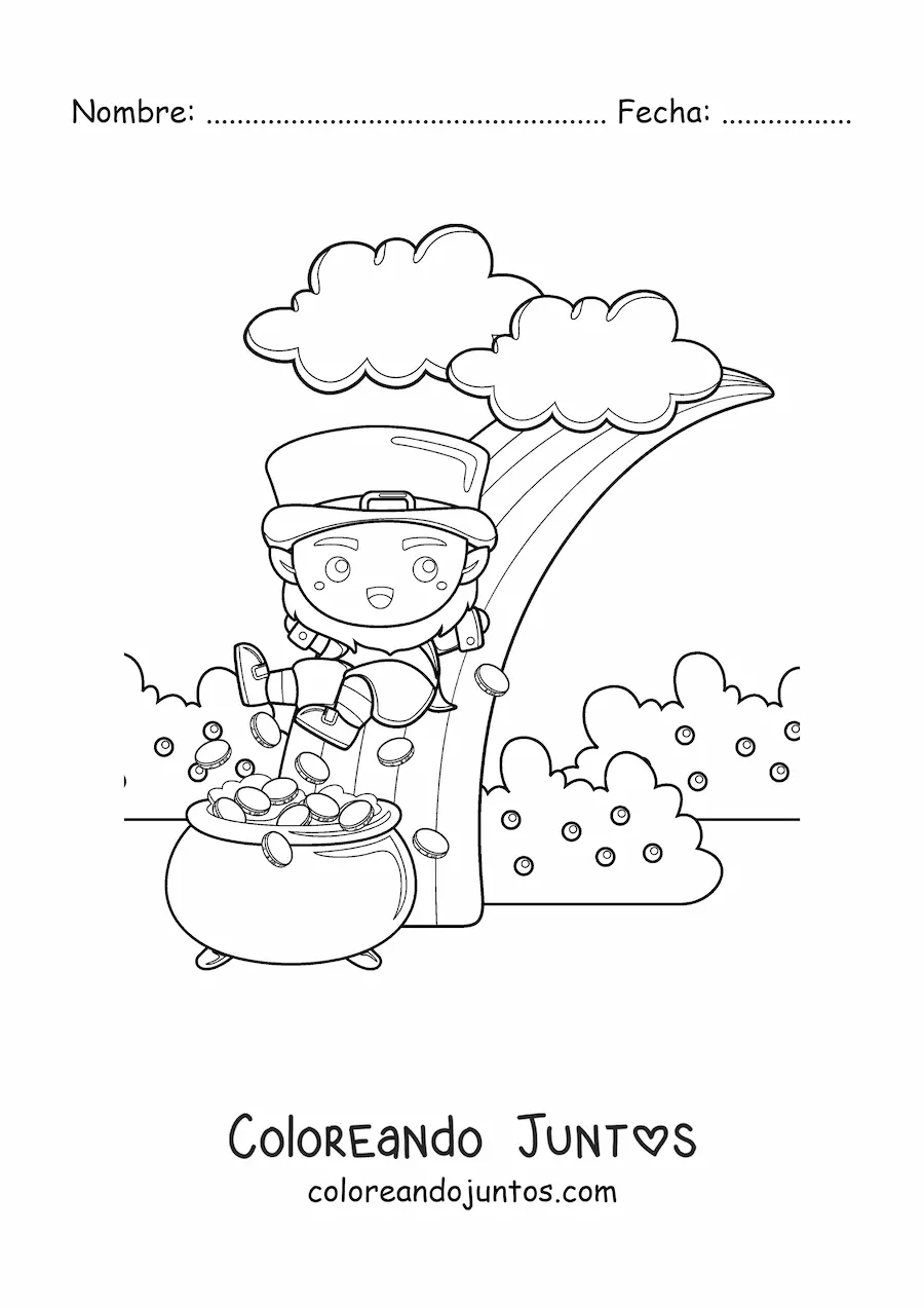 Imagen para colorear de duende kawaii con olla de oro al final del arcoíris
