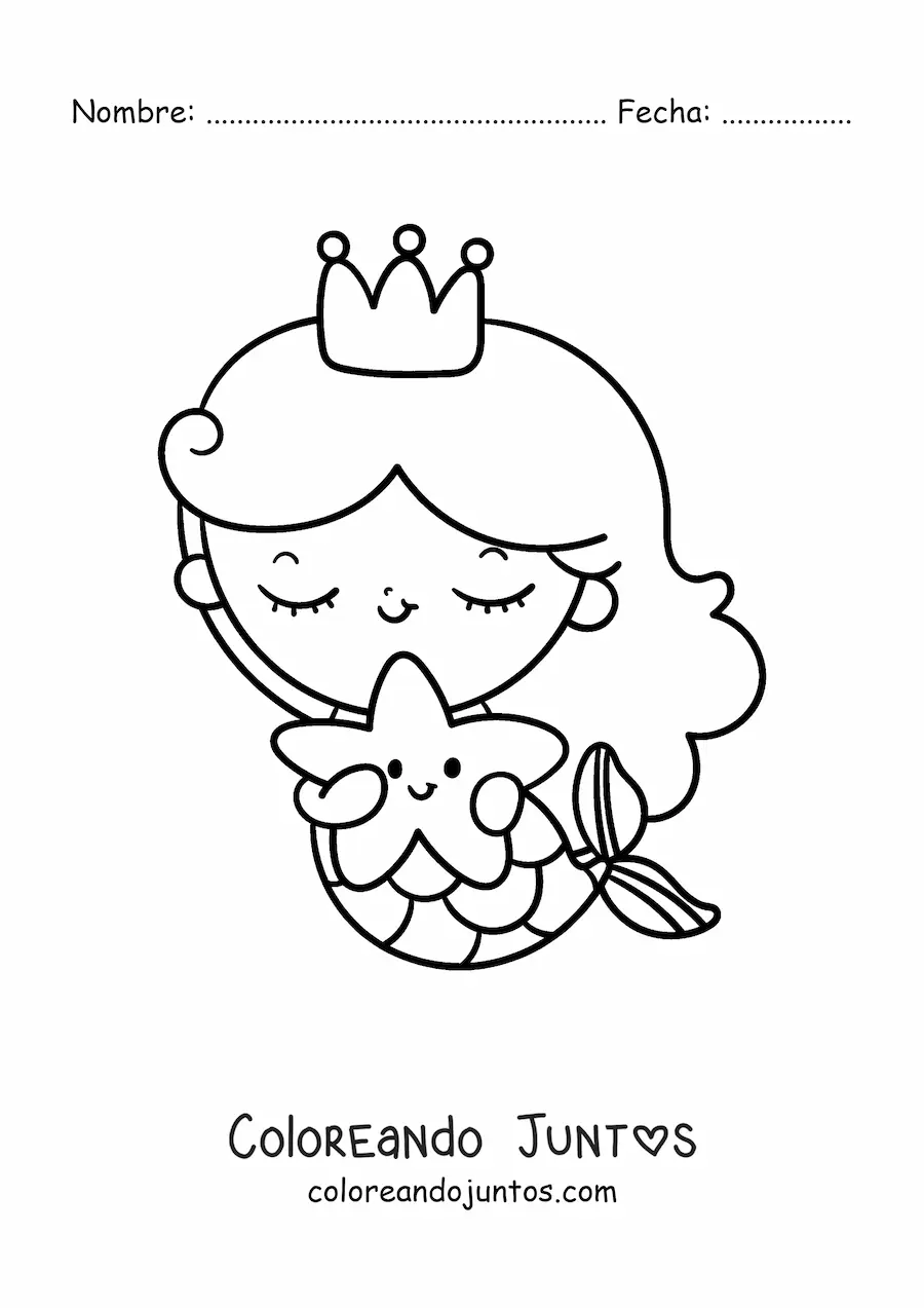 Imagen para colorear de princesa sirena kawaii con una estrella de mar
