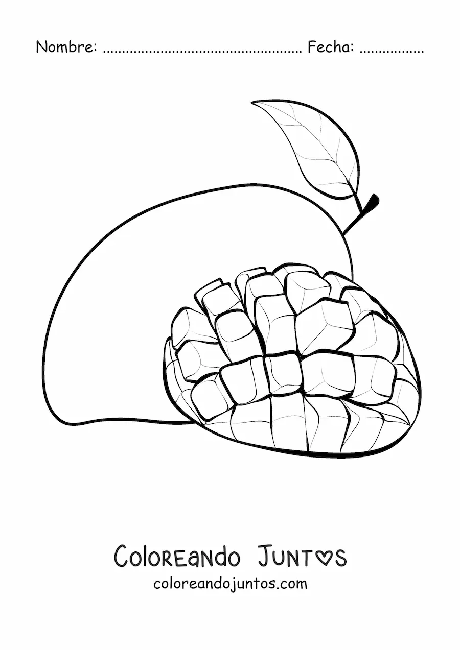 Imagen para colorear de un mango rebanado en cuadros y otro mango en el fondo