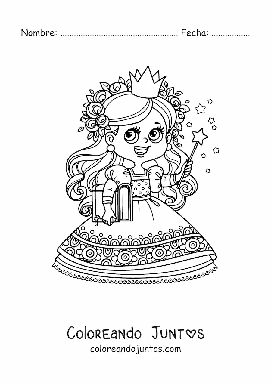 Imagen para colorear de princesa mágica kawaii con libro