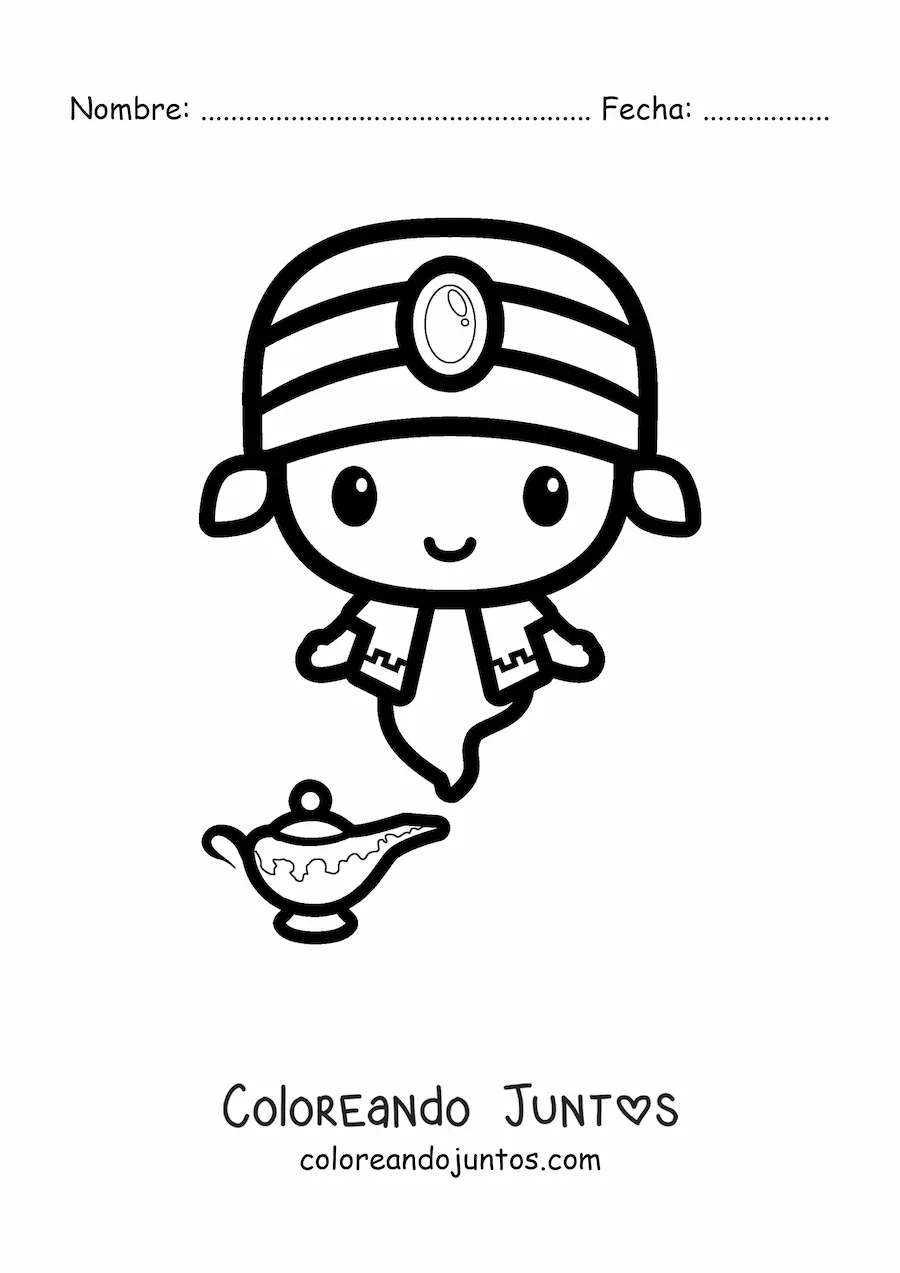 Imagen para colorear de genio kawaii fácil saliendo de la lámpara