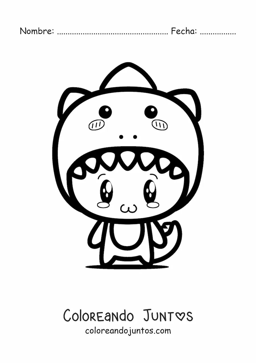 Imagen para colorear de niño disfrazado de dinosaurio kawaii