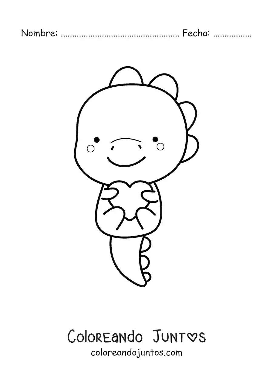 Imagen para colorear de tiranosaurio kawaii con un corazón