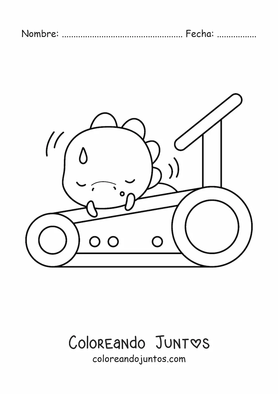 Imagen para colorear de dinosaurio kawaii cansado en la caminadora