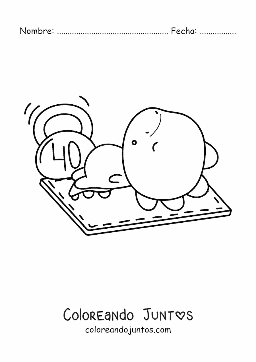 Imagen para colorear de dinosaurio kawaii con pesa en el gimnasio