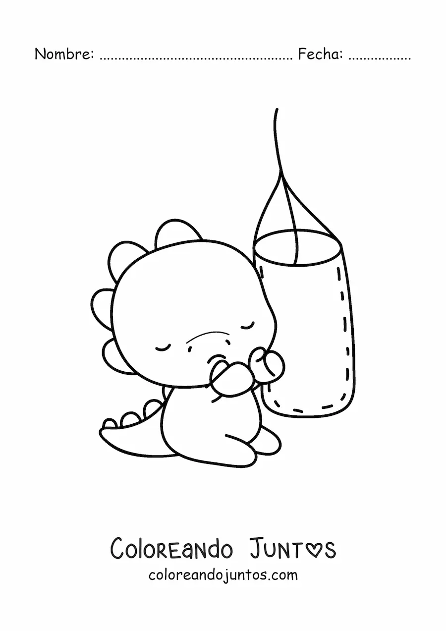 Imagen para colorear de dinosaurio kawaii golpeando un saco de boxeo