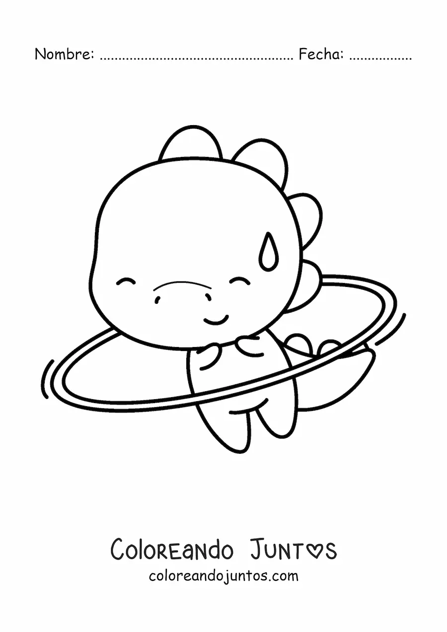 Imagen para colorear de dinosaurio kawaii con un hula hula