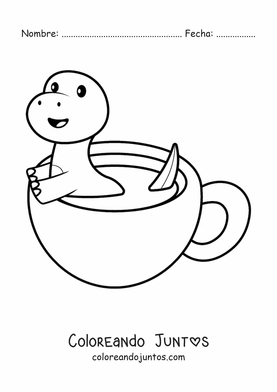 Imagen para colorear de dinosaurio kawaii en una taza
