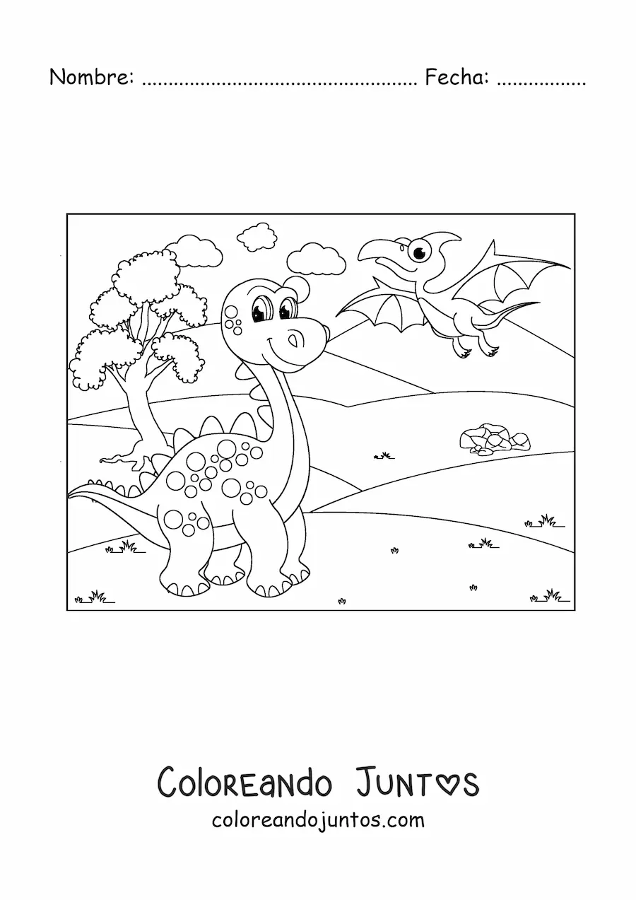 Imagen para colorear de dinosaurios animados volador y terrestre