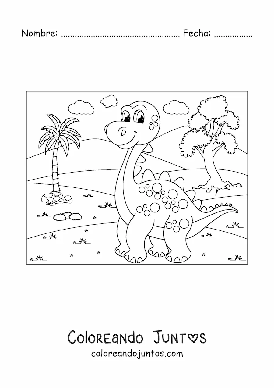 Imagen para colorear de dinosaurio animado de cuello largo en su hábitat