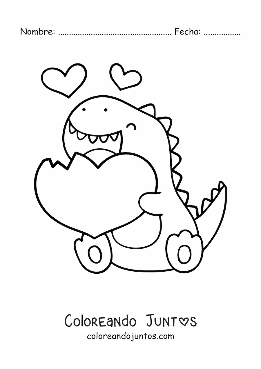 Imagen para colorear de tiranosaurio rex kawaii con un corazón