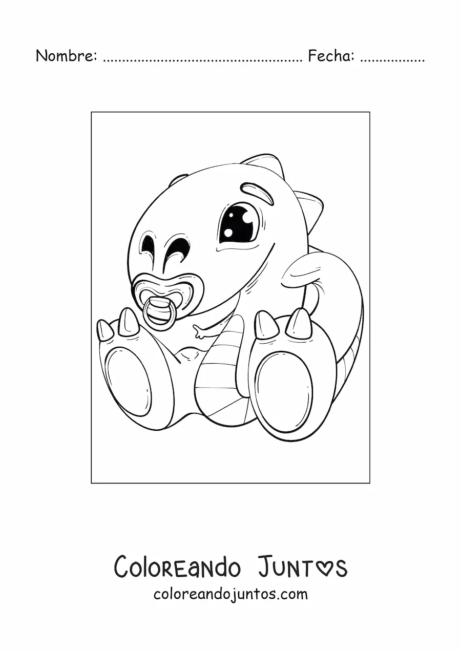Imagen para colorear de dinosaurio bebé kawaii con chupete