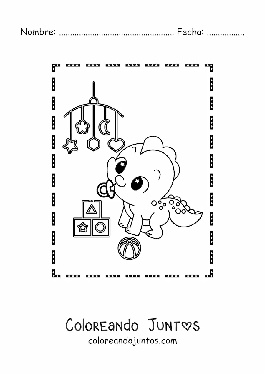 Imagen para colorear de dinosaurio bebé kawaii con juguetes