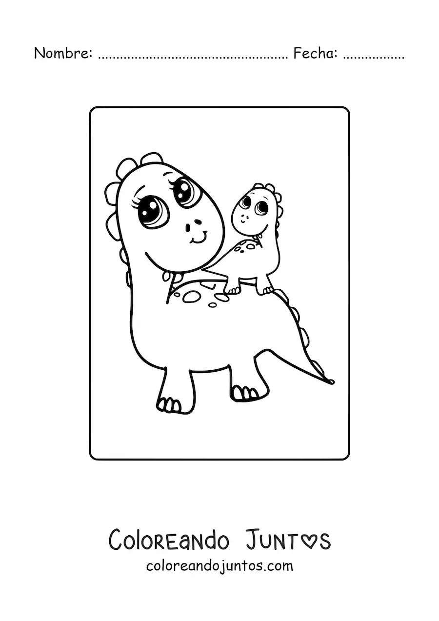 Imagen para colorear de dinosaurio bebé kawaii con su mamá