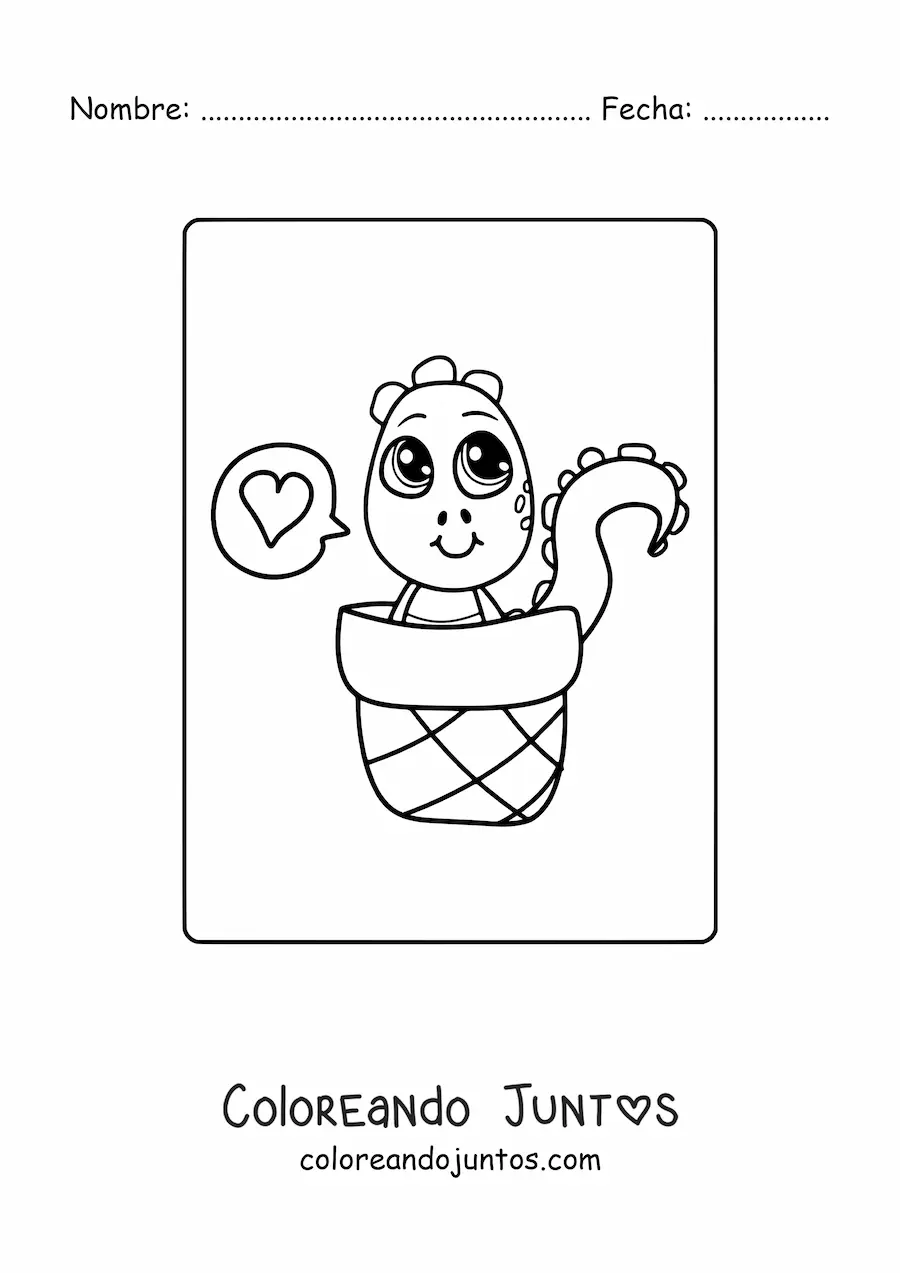 Imagen para colorear de dinosaurio bebé kawaii en una cesta