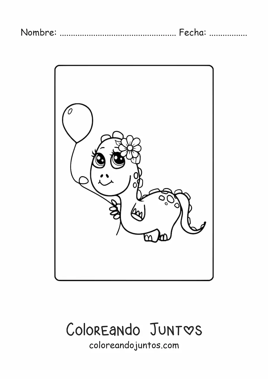Imagen para colorear de dinosaurio bebé kawaii con un globo