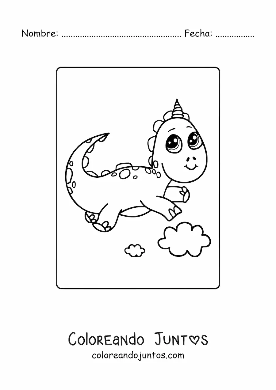 Imagen para colorear de dinosaurio bebé kawaii con cuerno de unicornio