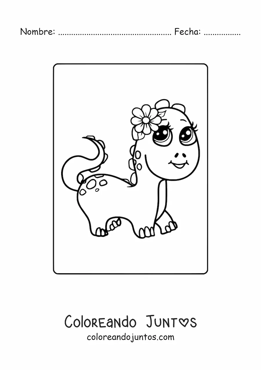 Imagen para colorear de dinosaurio bebé kawaii con una flor