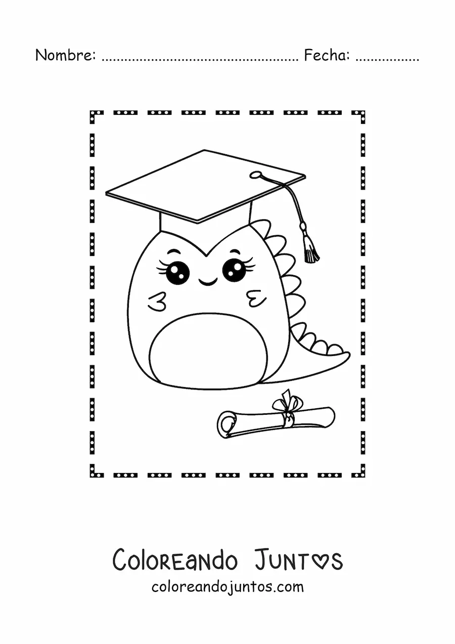 Imagen para colorear de dinosaurio bebé kawaii recién graduado con diploma y birrete