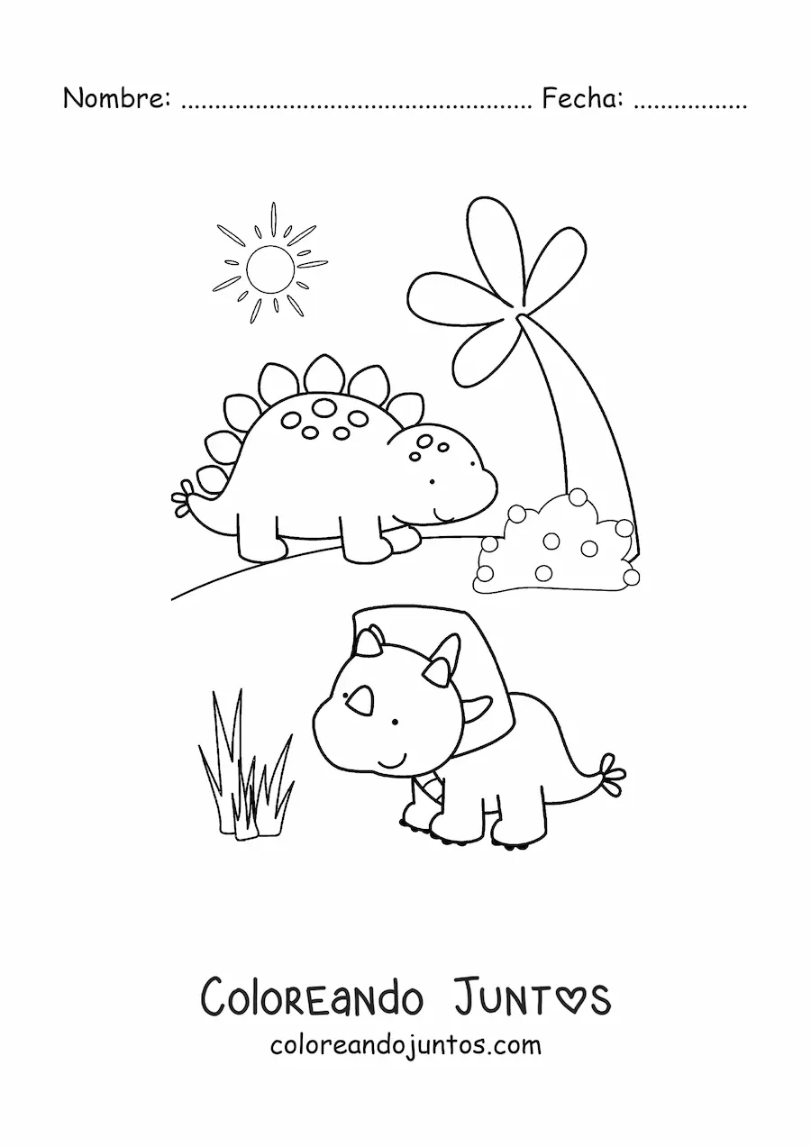 Imagen para colorear de dinosaurios bebes bonitos en su hábitat