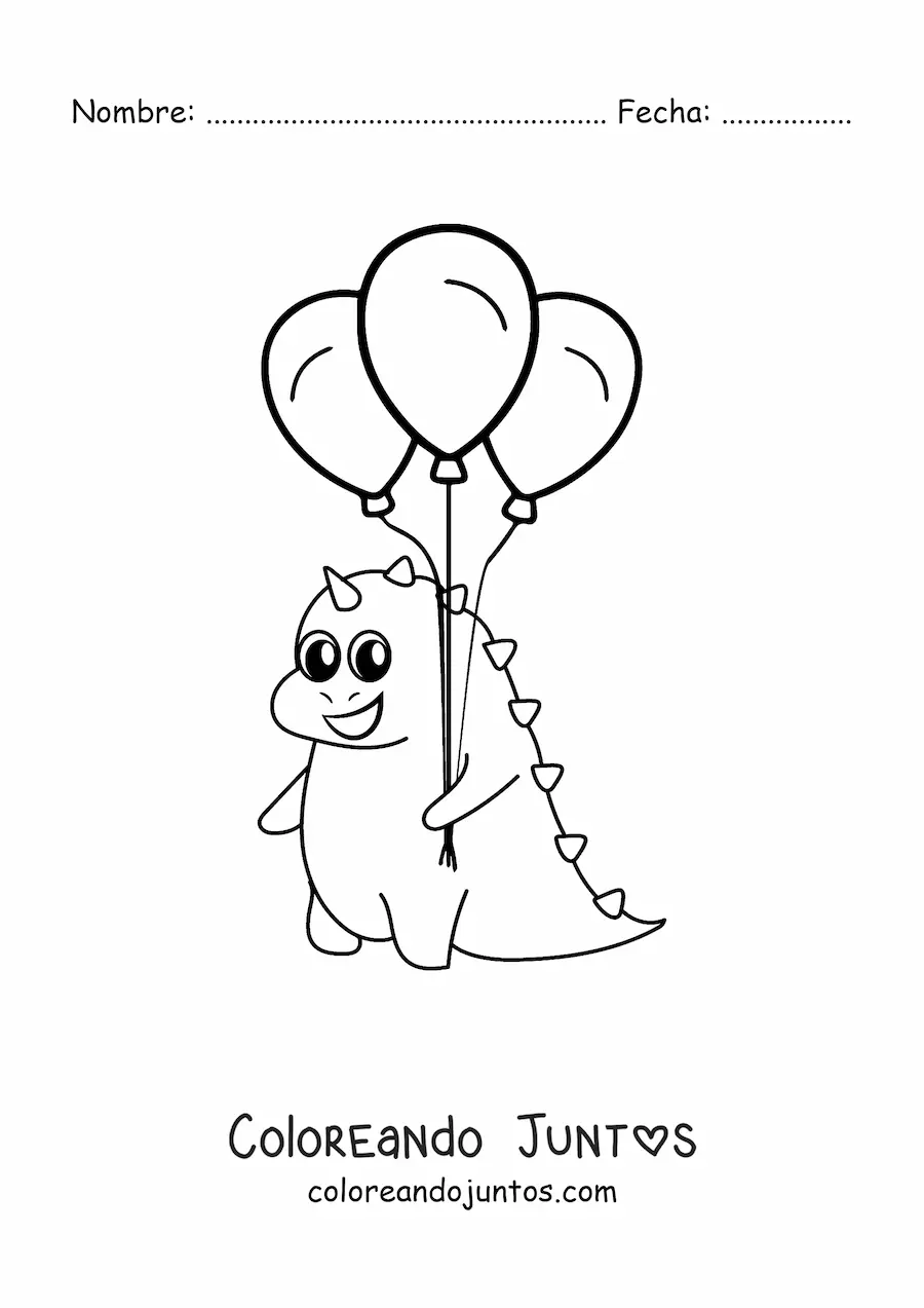 Imagen para colorear de dinosaurio bebé kawaii con globos