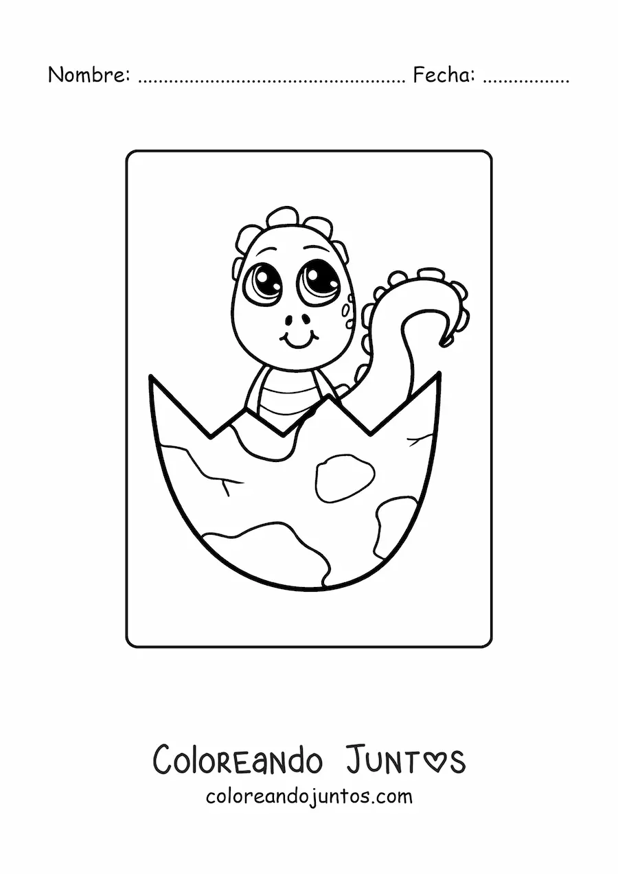 Imagen para colorear de dinosaurio bebé kawaii en un huevo
