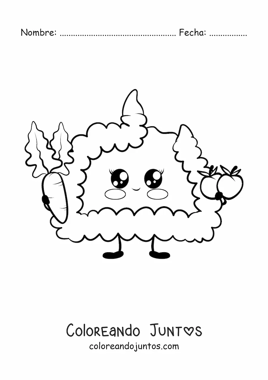 Imagen para colorear de intestino kawaii animado con frutas saludables