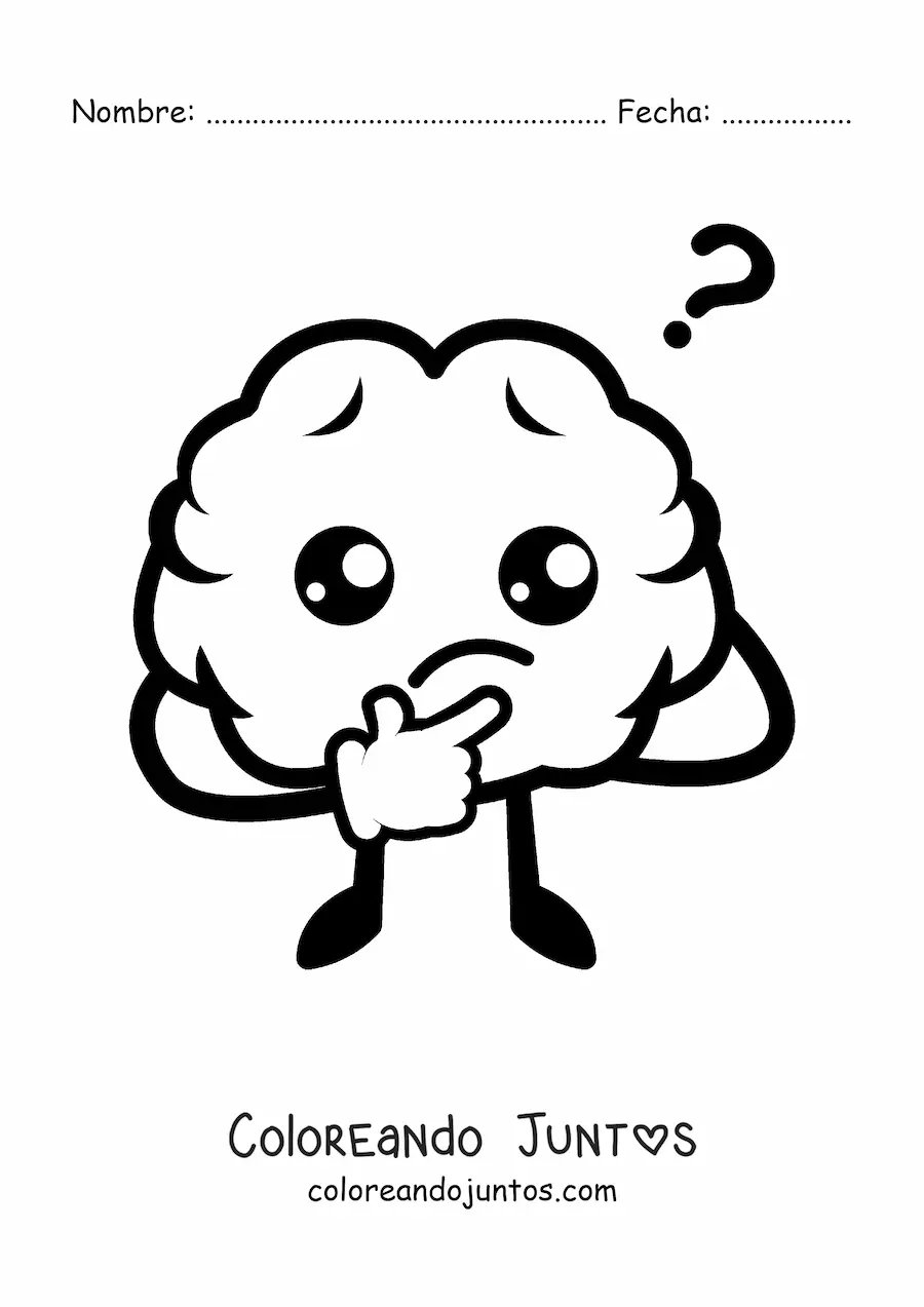 Imagen para colorear de cerebro kawaii pensando
