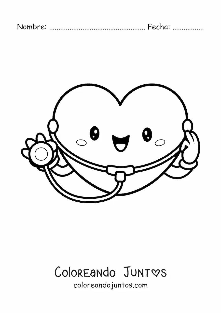 Imagen para colorear de corazón tierno animado con estetoscopio