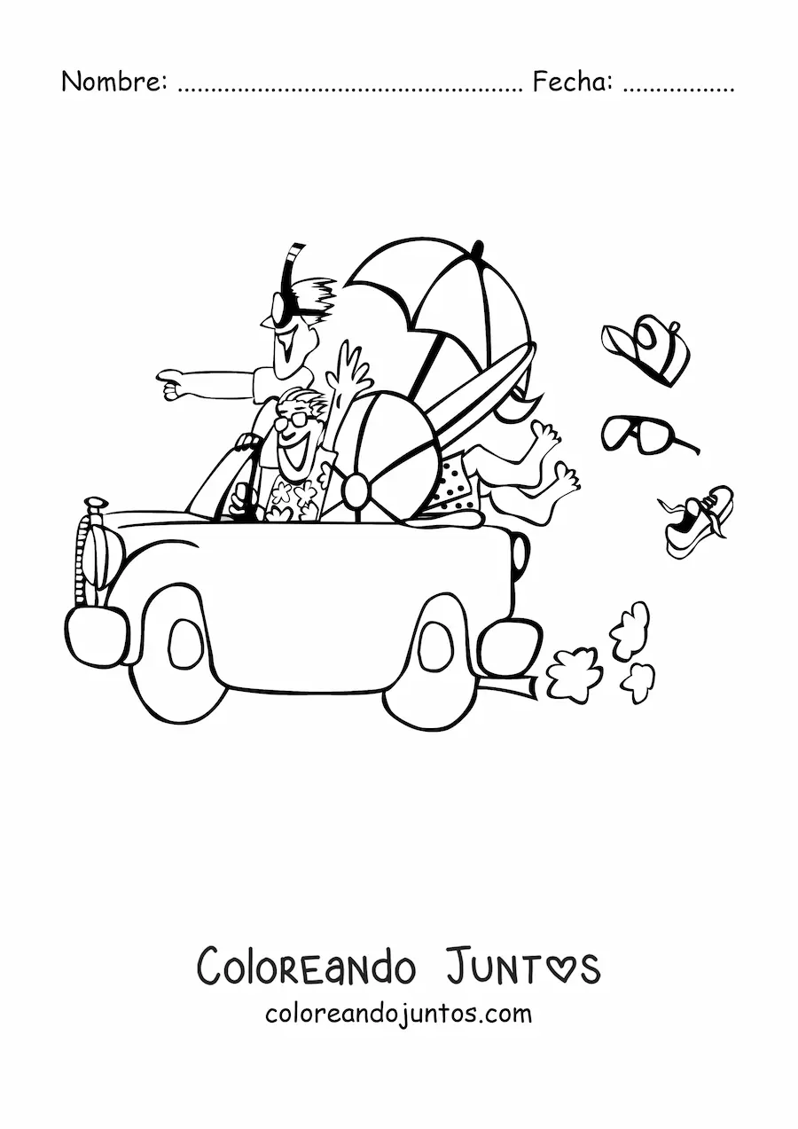 Imagen para colorear de jóvenes en un auto de camino a la playa