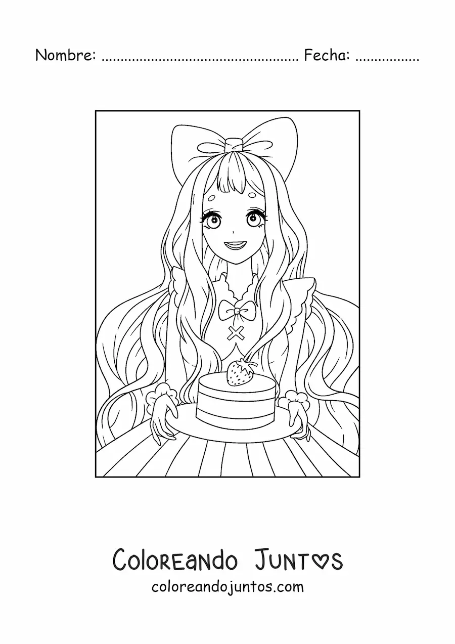 Imagen para colorear de hermosa muñeca anime kawaii con pastel de fresa